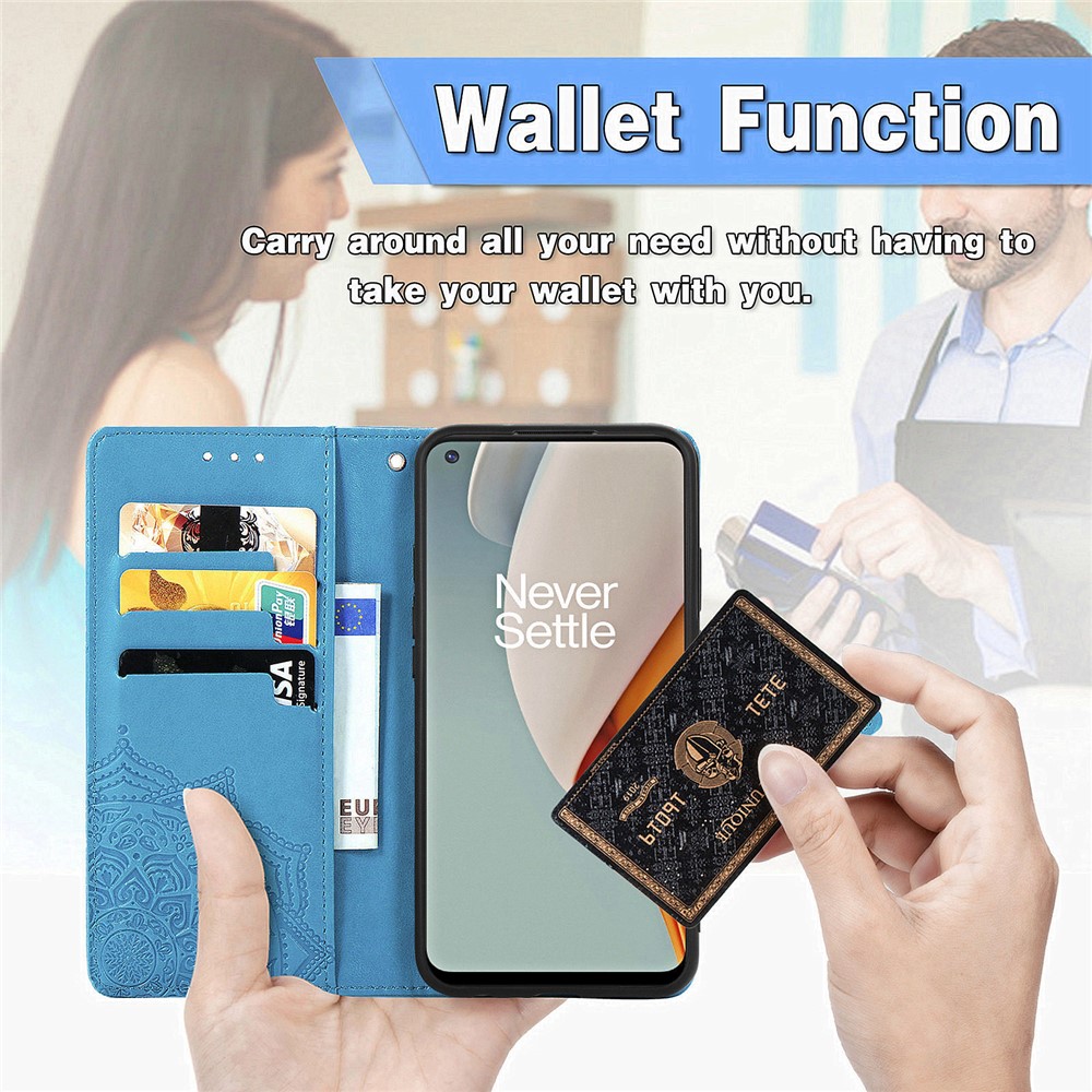 Embossed Mandala Flower Leather Case with Wallet Stand for OnePlus Nord N100 - Blue-13