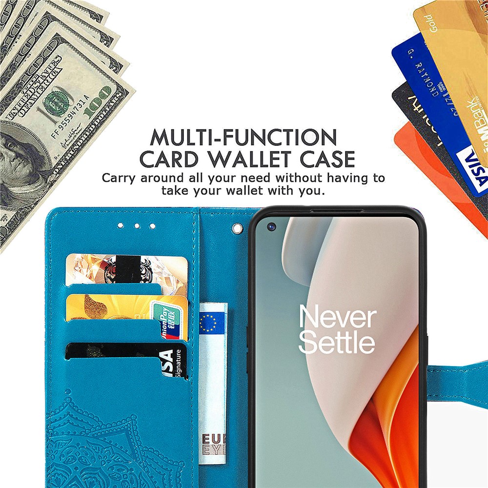 Embossed Mandala Flower Leather Case with Wallet Stand for OnePlus Nord N100 - Blue-16