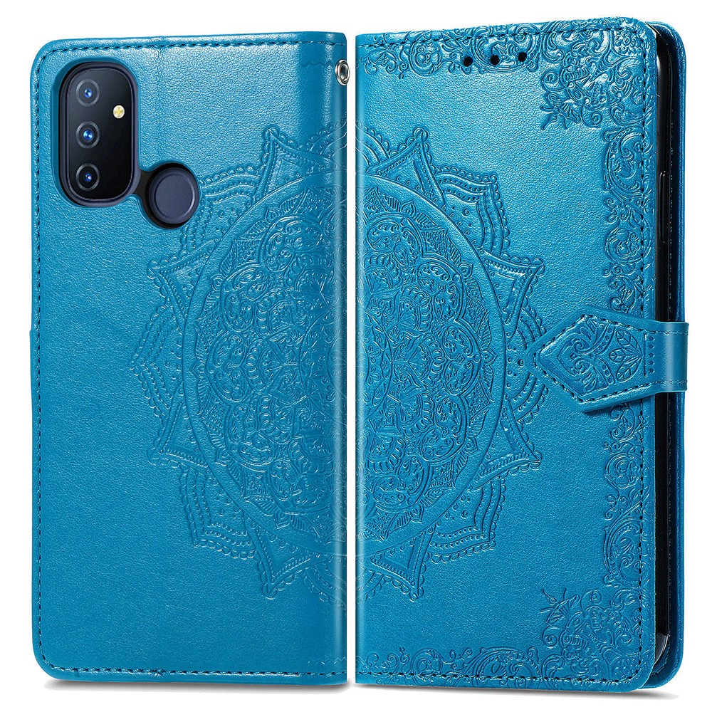 Embossed Mandala Flower Leather Case with Wallet Stand for OnePlus Nord N100 - Blue-3