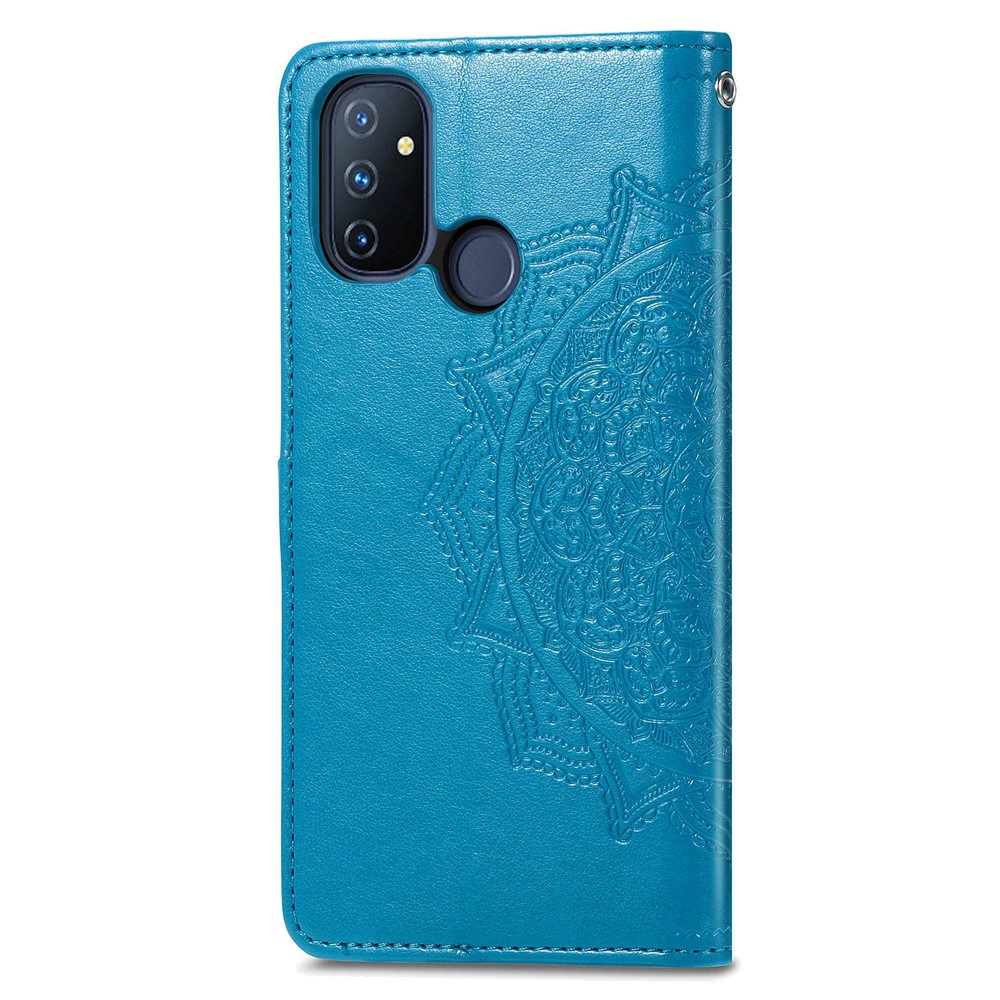 Embossed Mandala Flower Leather Case with Wallet Stand for OnePlus Nord N100 - Blue-5