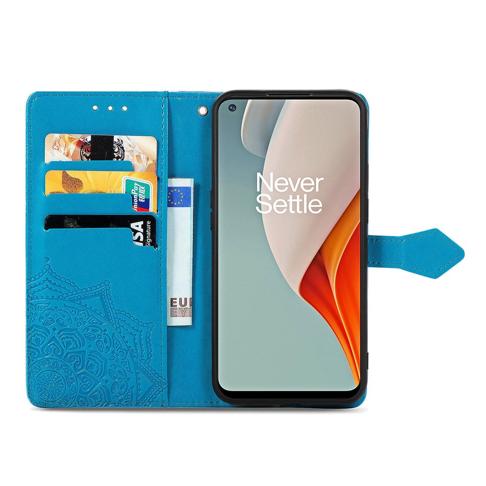 Embossed Mandala Flower Leather Case with Wallet Stand for OnePlus Nord N100 - Blue-6