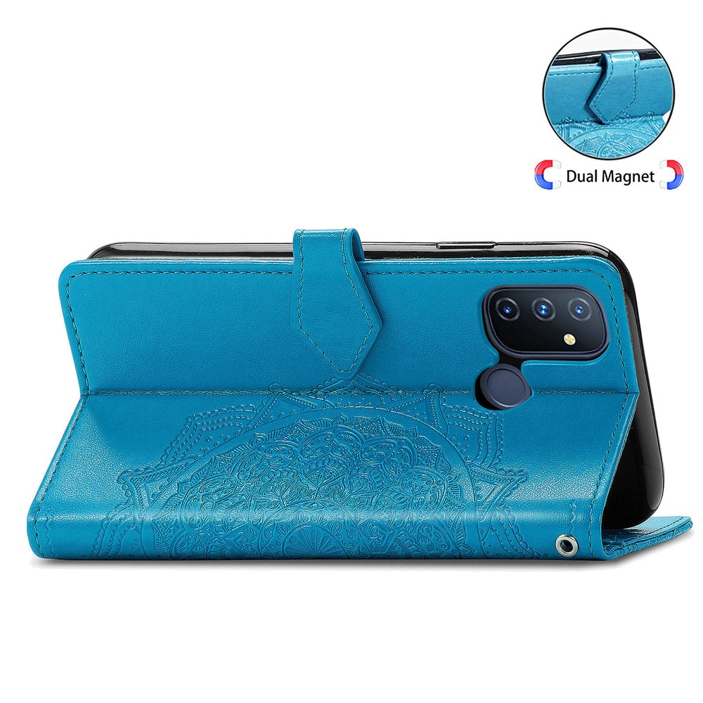 Embossed Mandala Flower Leather Case with Wallet Stand for OnePlus Nord N100 - Blue-8