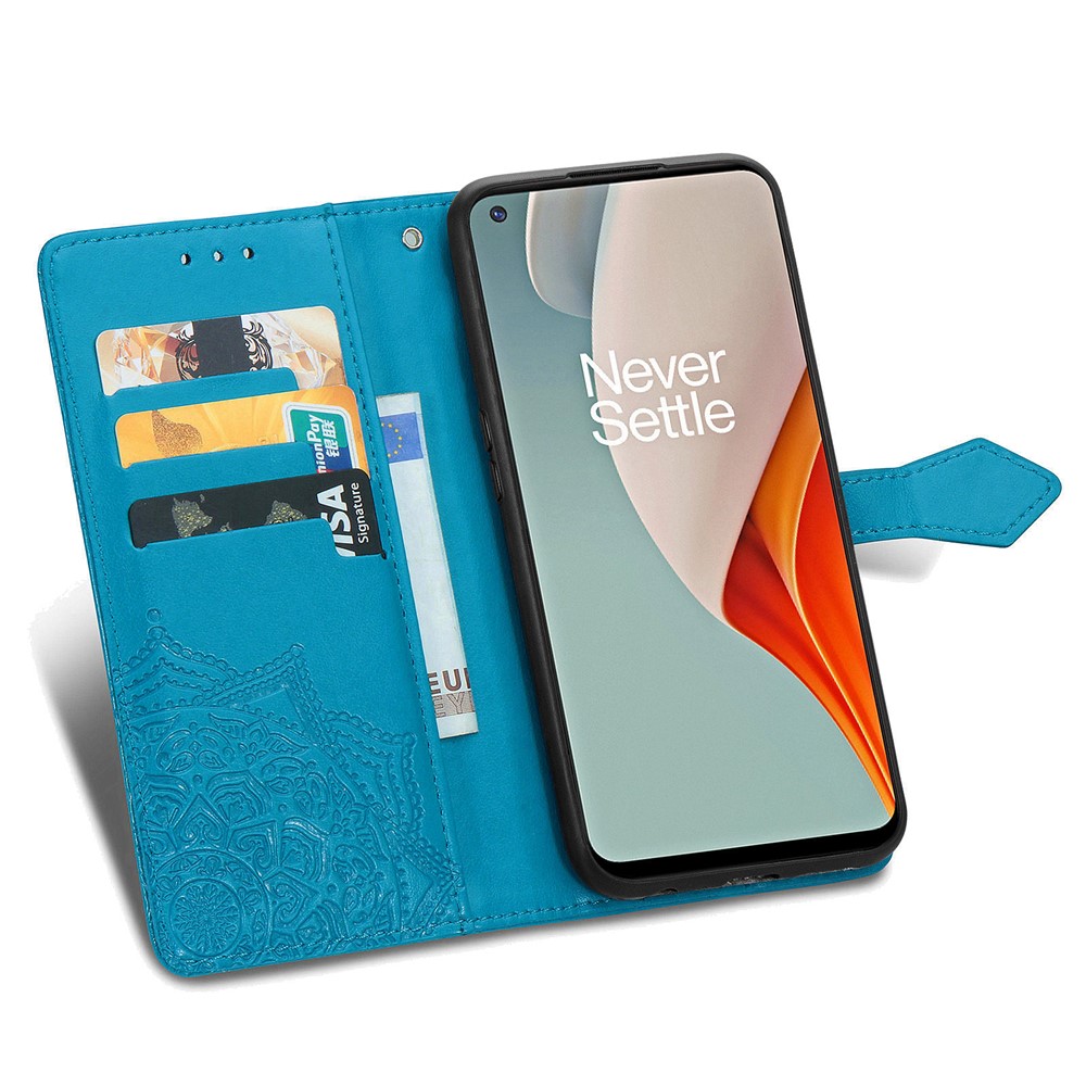 Embossed Mandala Flower Leather Case with Wallet Stand for OnePlus Nord N100 - Blue-9