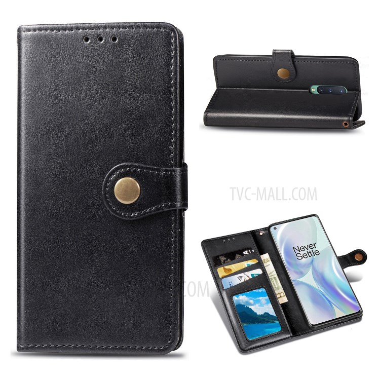 Solid Color Round Buckle Design Leather Phone Stand Case Shell with Wallet for OnePlus 8 - Black-1