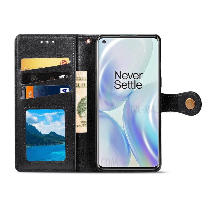 Solid Color Round Buckle Design Leather Phone Stand Case Shell with Wallet for OnePlus 8 - Black-4