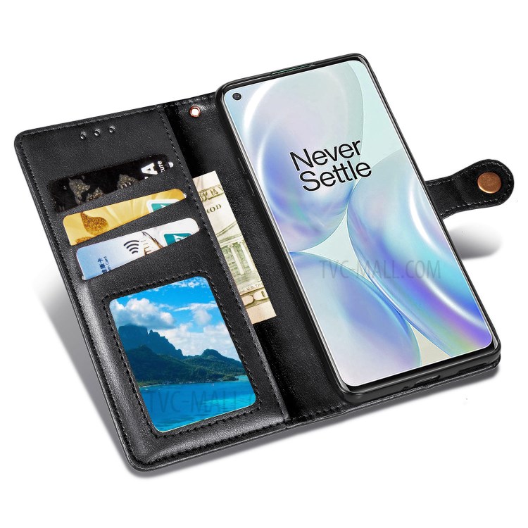 Solid Color Round Buckle Design Leather Phone Stand Case Shell with Wallet for OnePlus 8 - Black-7