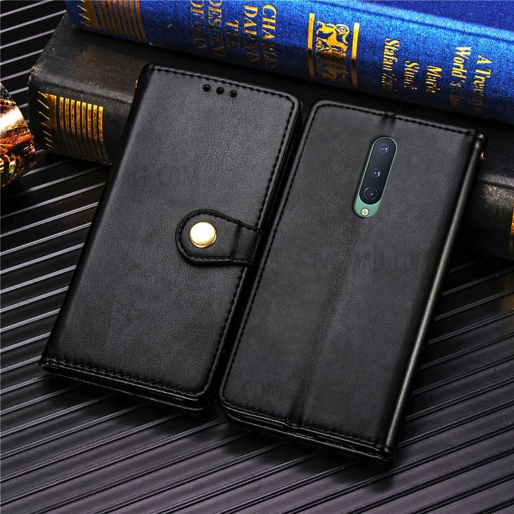 Solid Color Round Buckle Design Leather Phone Stand Case Shell with Wallet for OnePlus 8 - Black-9