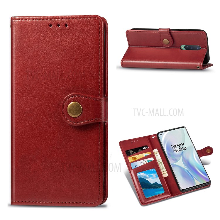 Solid Color Round Buckle Design Leather Phone Stand Case Shell with Wallet for OnePlus 8 - Red-1