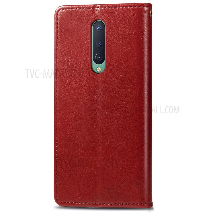 Solid Color Round Buckle Design Leather Phone Stand Case Shell with Wallet for OnePlus 8 - Red-3