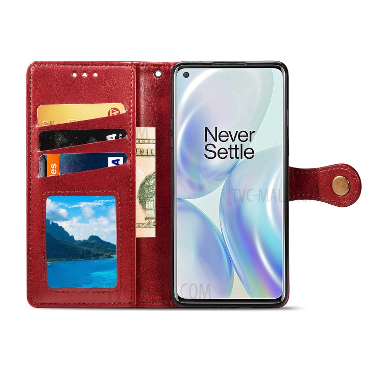 Solid Color Round Buckle Design Leather Phone Stand Case Shell with Wallet for OnePlus 8 - Red-4