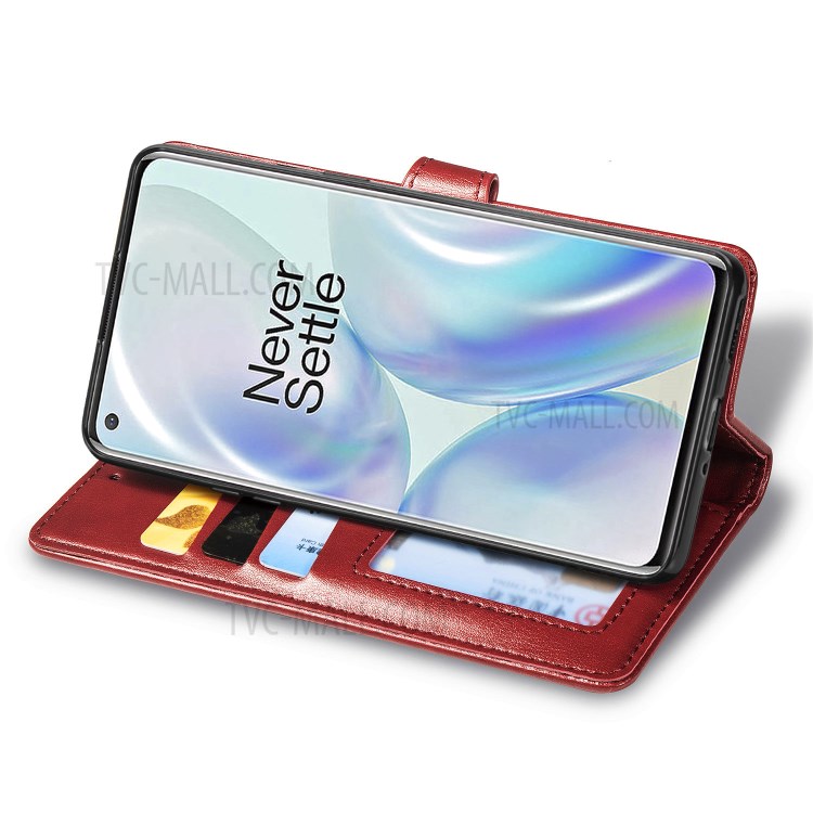 Solid Color Round Buckle Design Leather Phone Stand Case Shell with Wallet for OnePlus 8 - Red-5