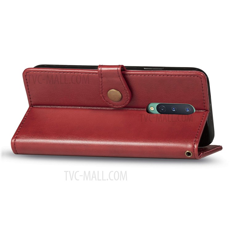 Solid Color Round Buckle Design Leather Phone Stand Case Shell with Wallet for OnePlus 8 - Red-6