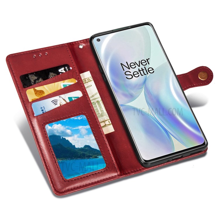 Solid Color Round Buckle Design Leather Phone Stand Case Shell with Wallet for OnePlus 8 - Red-7