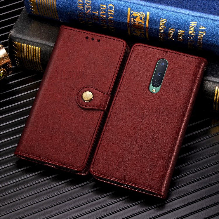 Solid Color Round Buckle Design Leather Phone Stand Case Shell with Wallet for OnePlus 8 - Red-9