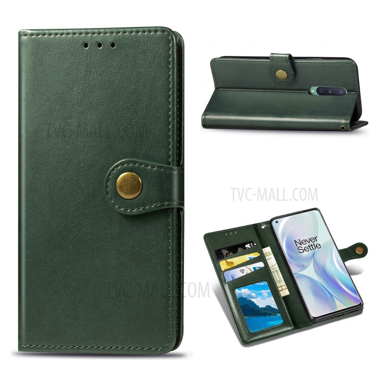 Solid Color Round Buckle Design Leather Phone Stand Case Shell with Wallet for OnePlus 8 - Blackish Green-1