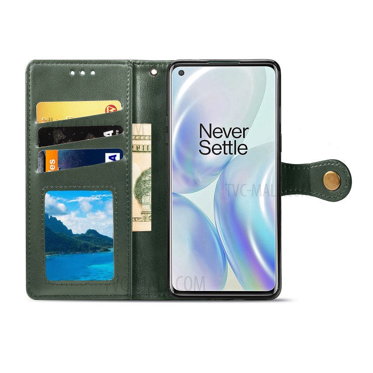 Solid Color Round Buckle Design Leather Phone Stand Case Shell with Wallet for OnePlus 8 - Blackish Green-4
