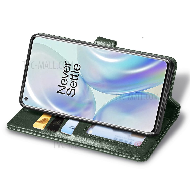 Solid Color Round Buckle Design Leather Phone Stand Case Shell with Wallet for OnePlus 8 - Blackish Green-5