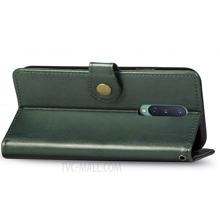 Solid Color Round Buckle Design Leather Phone Stand Case Shell with Wallet for OnePlus 8 - Blackish Green-6