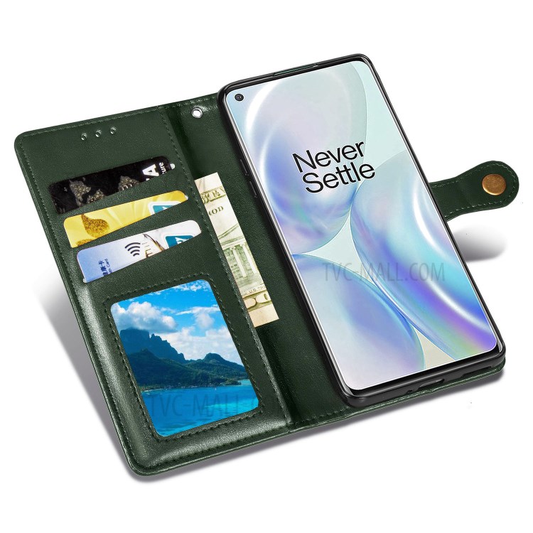 Solid Color Round Buckle Design Leather Phone Stand Case Shell with Wallet for OnePlus 8 - Blackish Green-7
