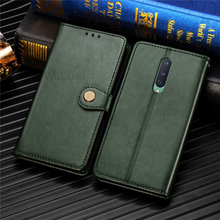 Solid Color Round Buckle Design Leather Phone Stand Case Shell with Wallet for OnePlus 8 - Blackish Green-9