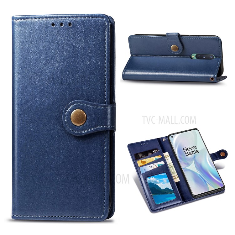 Solid Color Round Buckle Design Leather Phone Stand Case Shell with Wallet for OnePlus 8 - Dark Blue-1