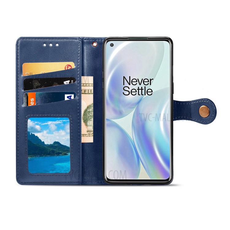 Solid Color Round Buckle Design Leather Phone Stand Case Shell with Wallet for OnePlus 8 - Dark Blue-4