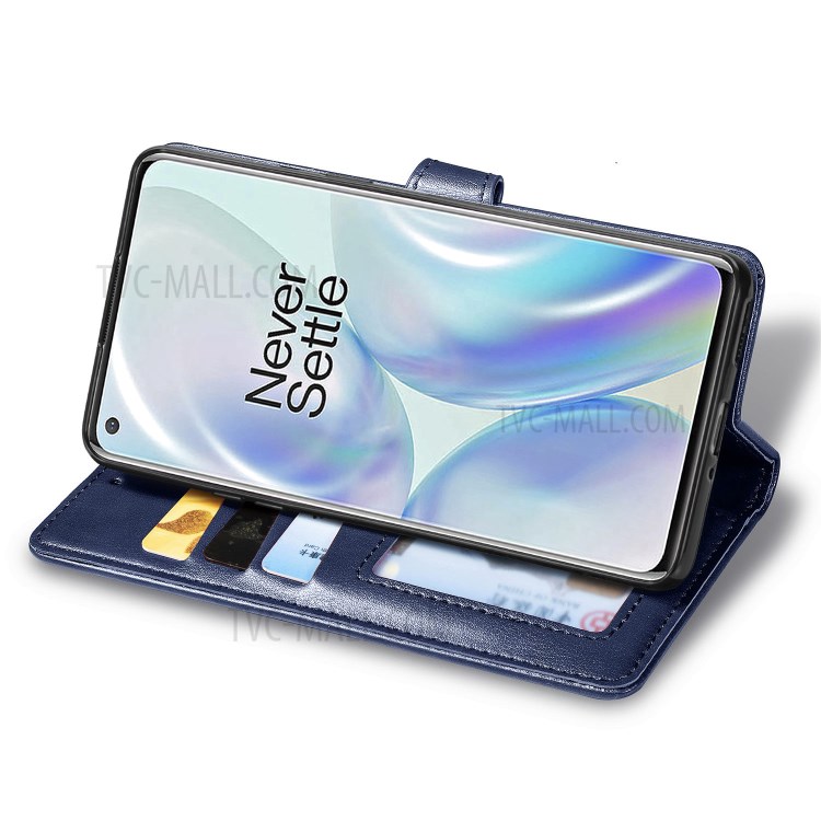 Solid Color Round Buckle Design Leather Phone Stand Case Shell with Wallet for OnePlus 8 - Dark Blue-5