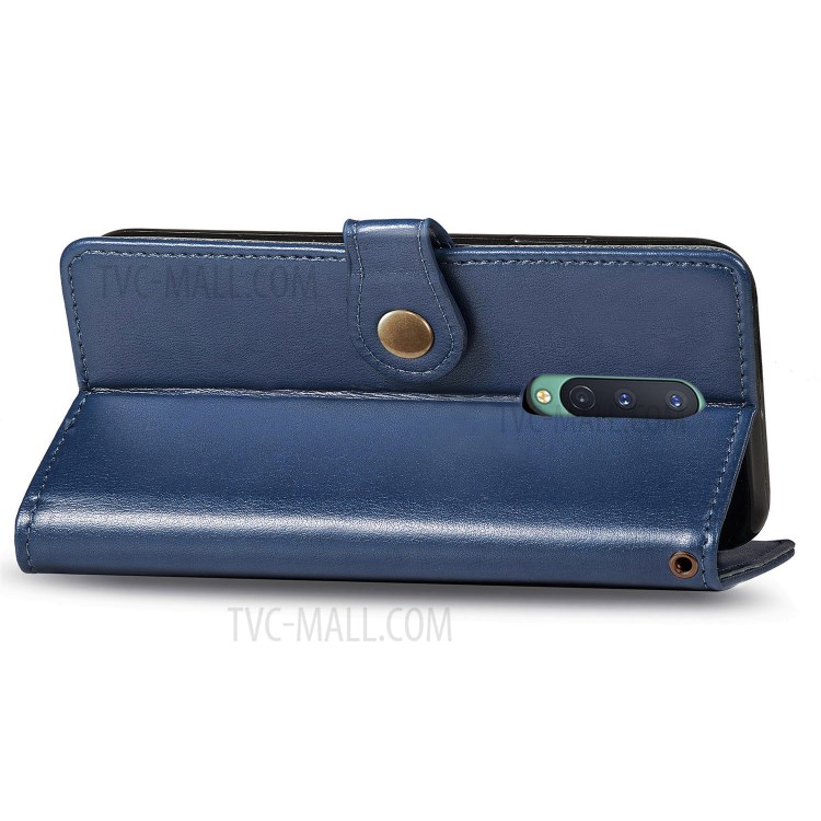Solid Color Round Buckle Design Leather Phone Stand Case Shell with Wallet for OnePlus 8 - Dark Blue-6