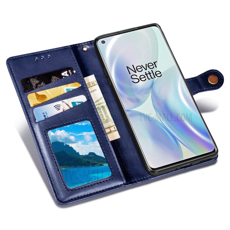 Solid Color Round Buckle Design Leather Phone Stand Case Shell with Wallet for OnePlus 8 - Dark Blue-7