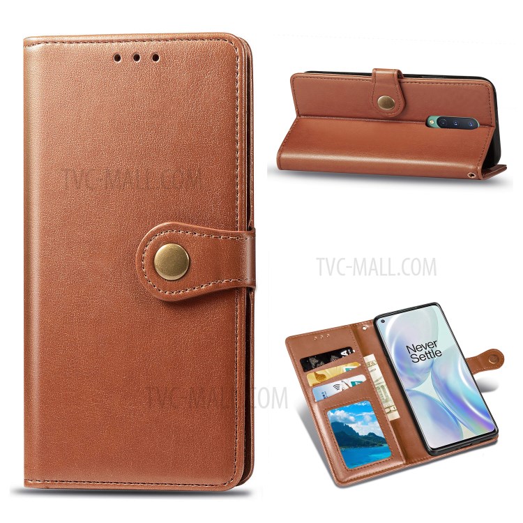 Solid Color Round Buckle Design Leather Phone Stand Case Shell with Wallet for OnePlus 8 - Light Brown-1