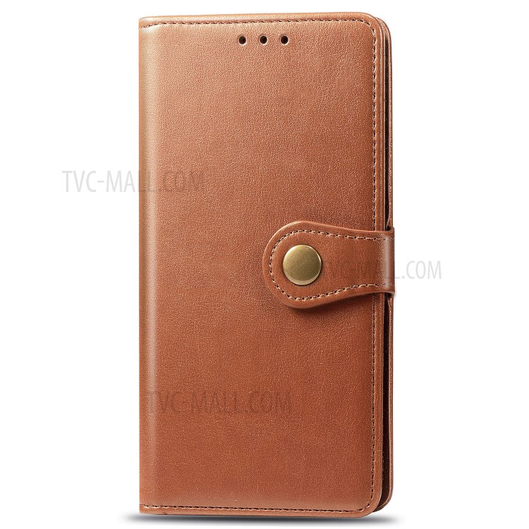 Solid Color Round Buckle Design Leather Phone Stand Case Shell with Wallet for OnePlus 8 - Light Brown-2