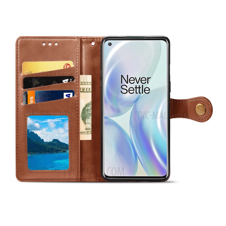 Solid Color Round Buckle Design Leather Phone Stand Case Shell with Wallet for OnePlus 8 - Light Brown-4