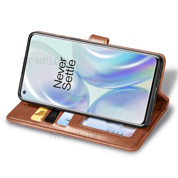 Solid Color Round Buckle Design Leather Phone Stand Case Shell with Wallet for OnePlus 8 - Light Brown-5