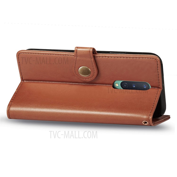 Solid Color Round Buckle Design Leather Phone Stand Case Shell with Wallet for OnePlus 8 - Light Brown-6