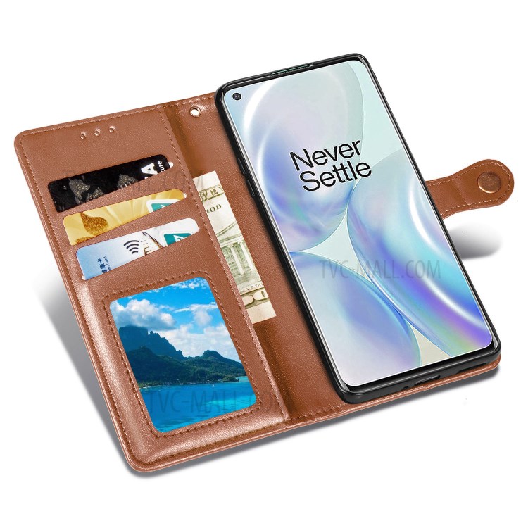 Solid Color Round Buckle Design Leather Phone Stand Case Shell with Wallet for OnePlus 8 - Light Brown-7