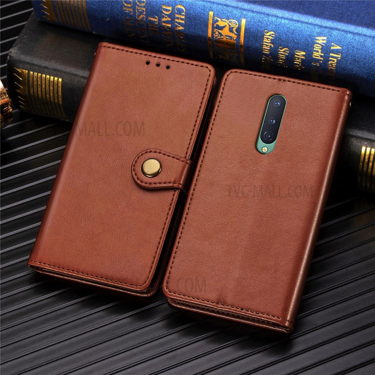 Solid Color Round Buckle Design Leather Phone Stand Case Shell with Wallet for OnePlus 8 - Light Brown-9