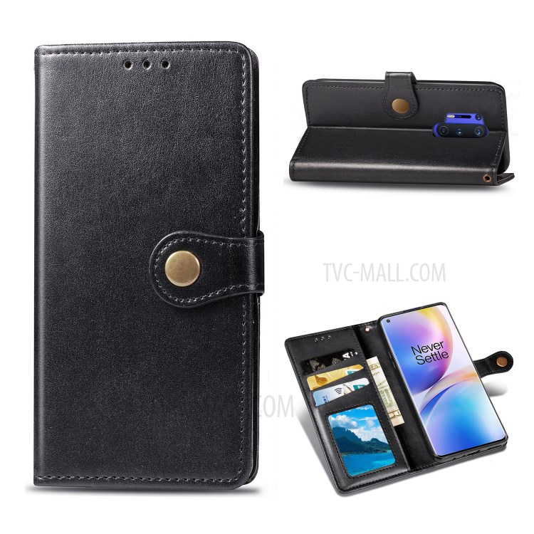 Round Buckle Design Wallet Stand Leather Phone Shell for OnePlus 8 Pro Solid Color Phone Case - Black-1