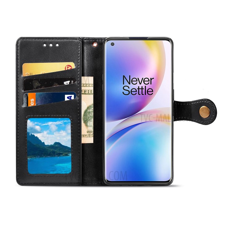 Round Buckle Design Wallet Stand Leather Phone Shell for OnePlus 8 Pro Solid Color Phone Case - Black-4