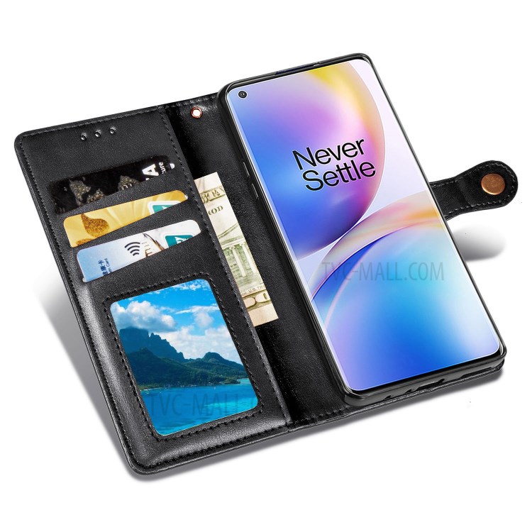 Round Buckle Design Wallet Stand Leather Phone Shell for OnePlus 8 Pro Solid Color Phone Case - Black-7