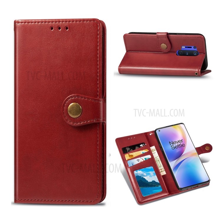 Round Buckle Design Wallet Stand Leather Phone Shell for OnePlus 8 Pro Solid Color Phone Case - Red-1