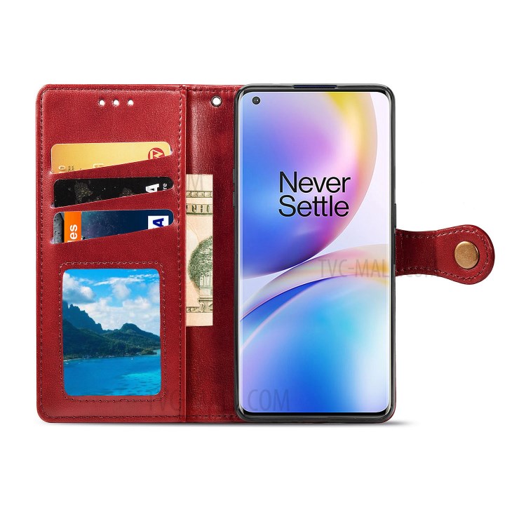 Round Buckle Design Wallet Stand Leather Phone Shell for OnePlus 8 Pro Solid Color Phone Case - Red-4