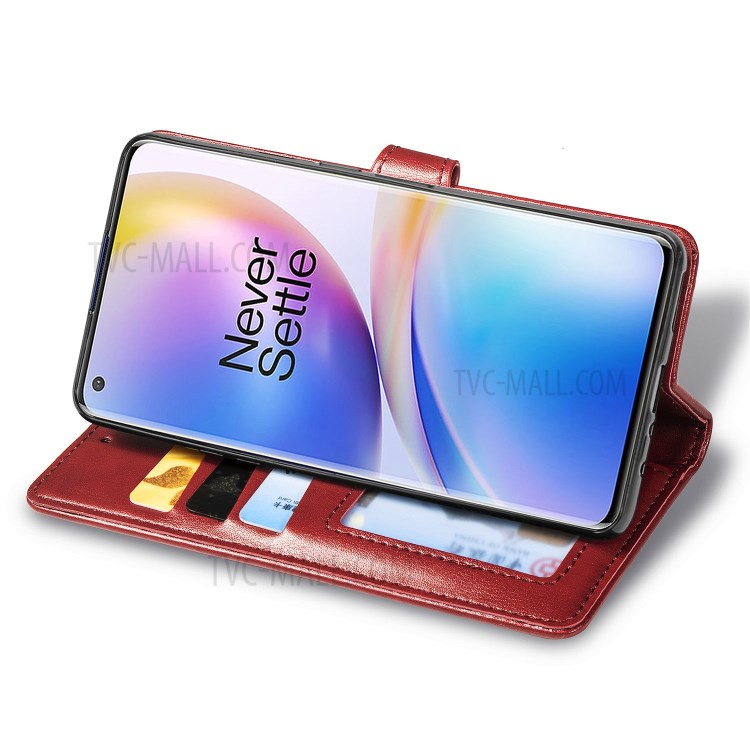 Round Buckle Design Wallet Stand Leather Phone Shell for OnePlus 8 Pro Solid Color Phone Case - Red-5