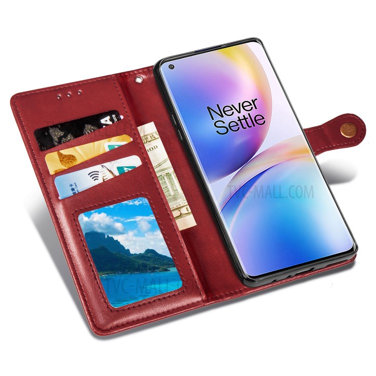 Round Buckle Design Wallet Stand Leather Phone Shell for OnePlus 8 Pro Solid Color Phone Case - Red-7