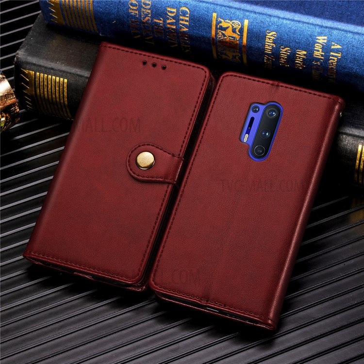 Round Buckle Design Wallet Stand Leather Phone Shell for OnePlus 8 Pro Solid Color Phone Case - Red-9