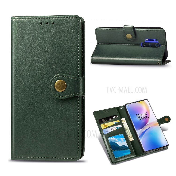 Round Buckle Design Wallet Stand Leather Phone Shell for OnePlus 8 Pro Solid Color Phone Case - Blackish Green-1