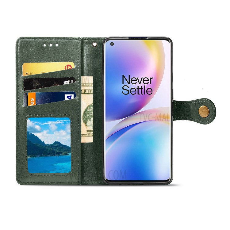 Round Buckle Design Wallet Stand Leather Phone Shell for OnePlus 8 Pro Solid Color Phone Case - Blackish Green-4