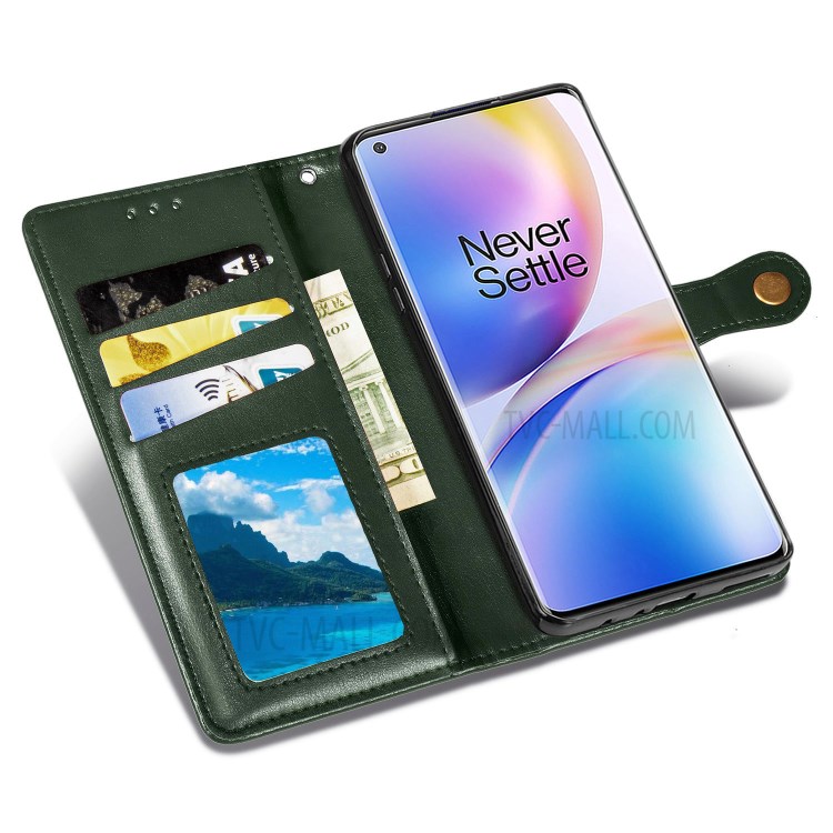 Round Buckle Design Wallet Stand Leather Phone Shell for OnePlus 8 Pro Solid Color Phone Case - Blackish Green-7