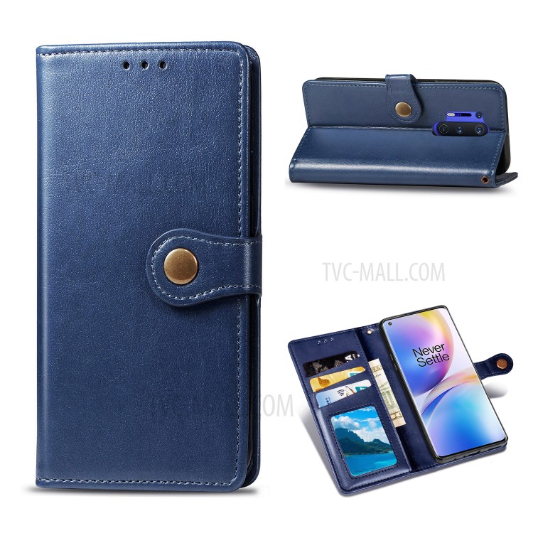 Round Buckle Design Wallet Stand Leather Phone Shell for OnePlus 8 Pro Solid Color Phone Case - Dark Blue-1