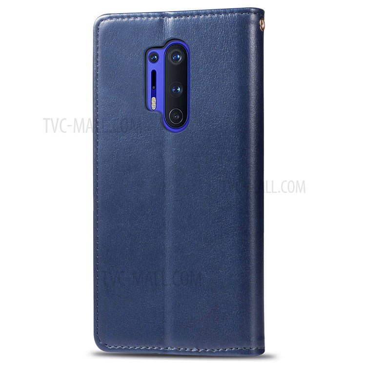 Round Buckle Design Wallet Stand Leather Phone Shell for OnePlus 8 Pro Solid Color Phone Case - Dark Blue-3