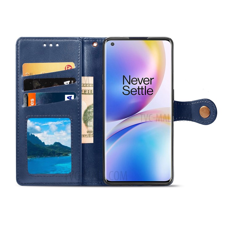 Round Buckle Design Wallet Stand Leather Phone Shell for OnePlus 8 Pro Solid Color Phone Case - Dark Blue-4
